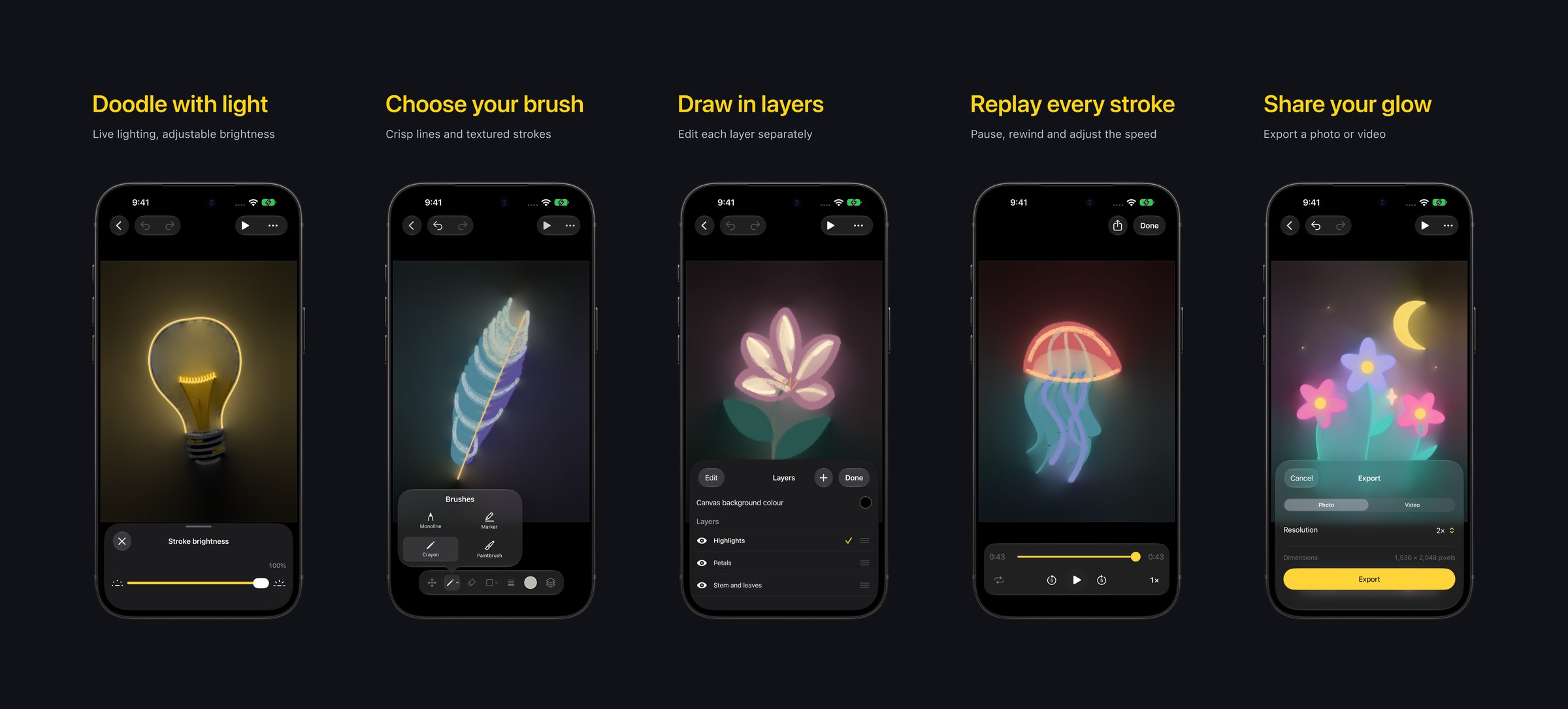 LumiDraw App Store screenshots: Doodle with light, Choose your brush, Draw in layers, Replay every stroke and Share your glow.