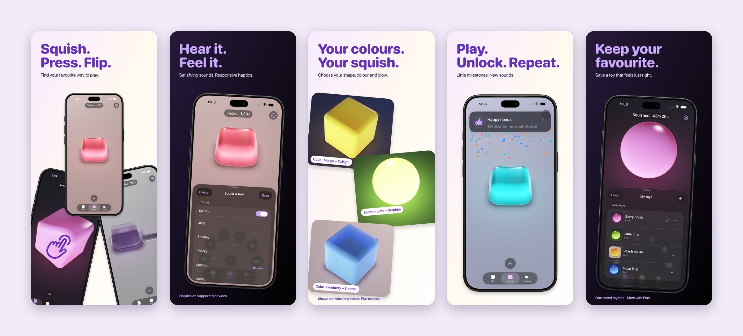 Fijelly App Store screenshots showing the three jelly toys, sound and haptic settings, custom colours, a newly unlocked sound and saved toys.
